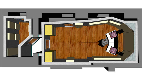 CAD Entwurf des Blessville Studios mit Regie und kleinem Aufnahmeraum